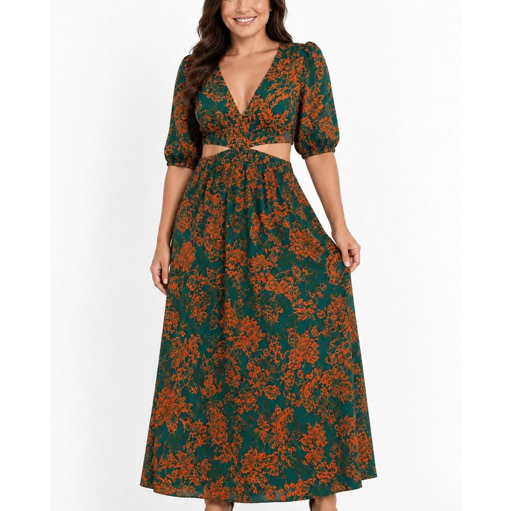Tropical Floral Midi Dress XL Green Orange Cutout Wide Leg Boho Resort Vacation